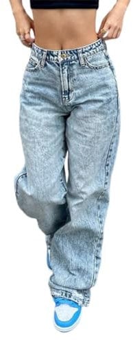shownicer Damen Cargohose Baggy Low Waist Cargo Jeans Gerade Breites Bein Denim Hosen Y2k Aesthetic Vintage Jeanshosen 90er Streetwear A Blau M