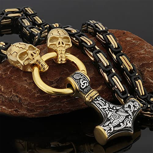 ZFSBRTL Herren Königskette Thors Hammer Anhänger Halskette, Nordische Mythologie Massiver Edelstahl Mjölnir Fenris Wolfskopf Halskette Wikinger Retro Amulett Rune Schmuck Geschenk,F06 Gold a,70CM
