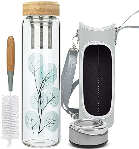 Reeho 32oz Borosilicate Glass Water Bottle with Tea Infuser, Tea Tumbler with Strainer, Reusable Travel Mug with Sleeve & 2 Lids, for Hot or Cold Drinks, Loose Tea, Fruit