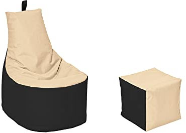 MILLINDABAG Modern Sitzsack für Kinder und Erwachsene Sessel Kissen In & Outdoor Gaminggeignet & bereits gefüllt Sitzkissen Bodenkissen (Schwarz - Beige, XXL - Durchmesser 78 cm mit Hocker)