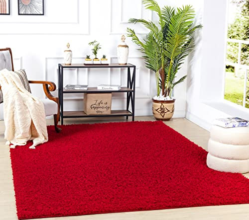Surya Home Shaggy Berber Teppich - Flauschiger Teppich für Wohnzimmer, Esszimmer, Schlafzimmer, Langflor Hochflor Teppich flauschig - Teppich groß 120x170 cm, Wohnzimmerteppich in Rot