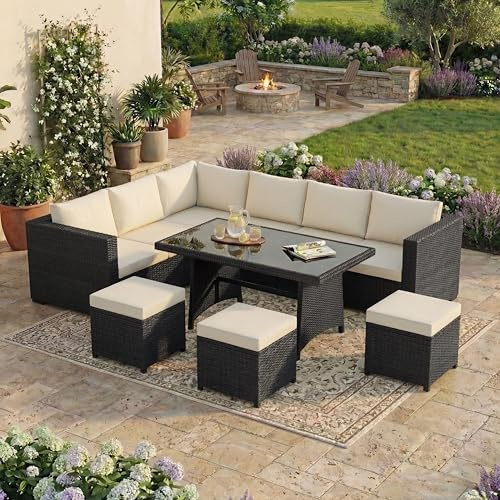 Garden Vida Belgrave 9 Seater Rattan Set With Cover | Black | Complete Outdoor Patio Garden Table Set | Steel Frame & PE Wicker | Weather Resistant, Tempered Glass, Cushions, Sofa Set, Stools + Cover
