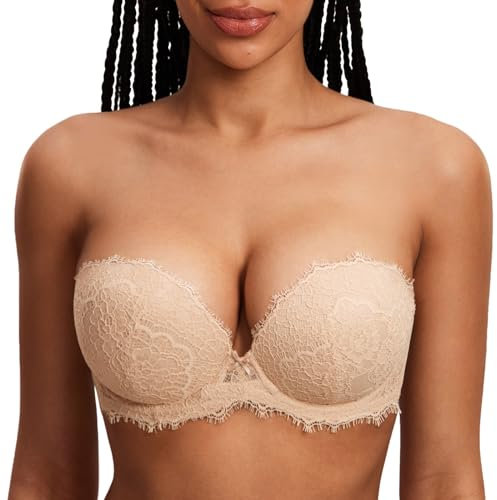 DOBREVA Reggiseno Senza Spalline Push Up Donna Pizzo con Ferretto Imbottito Antiscivolo Beige 4D