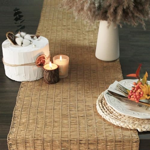 FEXIA Chemin de table rustique en imitation paille tissée pour décoration d'intérieur - Marron - Style rustique bohème - Décoration de table de salle à manger (33 x 175 cm, marron)