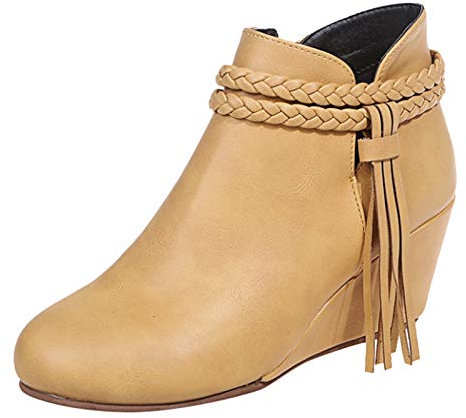 Retro Frauen Quassen-Keils Reißverschluss solide Kurze Booties Runde Zehen Schuhe Knobelbecher