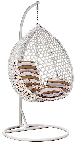 RAMROXX Luxus Hängesessel Style XXL Rattan Korb und Gestell Weiss mit Relaxkissen Braun