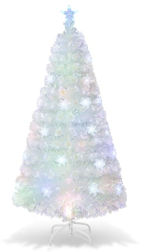 GYMAX Árbol de Navidad Artificial 120/150/180 cm, con Fibra de Vidrio y 18/24/30 Luces LED de Colores, Árbol Decorativo con Estrella en la Copa y Soporte de Metal, para Casa y Oficina, Blanco (150 cm)