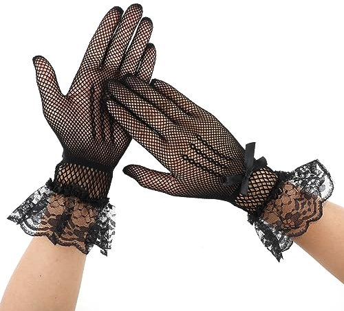 COMNICO 1Paar Damen-Spitzenhandschuhe, Elegante Etikette-Handaccessoires Hochzeit Abendessen Kleid Teeparty Kostüm Oper Abschlussball Halloween Cosplay-Handschuhe (Schwarz)