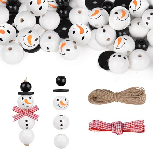 8 Set (40 Stück) Schneemann Holzperlen mit Schnur Schal Weihnachten Weihnachtsdeko Holz Weihnachtsperlen Deko Perlen Girlande DIY zum Basteln Party Dekor