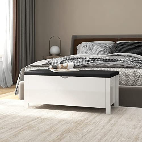Homgoday Sitzbank mit Stauraum und Kissen Betttruhe Sitztruhe Truhenbank Aufbewahrungsbox Bettbank Flurbank für Flur Schlafzimmer Wohnzimmer Bett Hochglanz-Weiß 105x40x45cm Holzwerkstoff