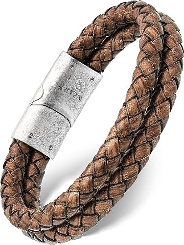 RTZN Brown Leather Bracelet for Men Premium Artisan Handcrafted Double Strand Braided Mens Bracelet (Medium)