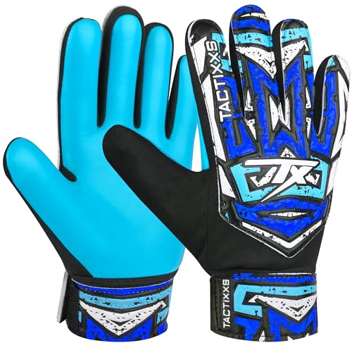 TACTIXXS Soccer Goalkeeper Gloves for Kids Boys Children Youth, Funky Football Goalie Gloves Anti Slip 4mm Latex Palm with Strong Grip (Cyan Blue, Size 5 Suitable for 9-12 Years)