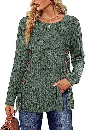 Sampeel Ladies Long Sleeve Tops Women Jumpers Symmetrical Button Down Collar Split Womens Jumper Ladies Lightweight Jumpers Size 14-16 Light Green