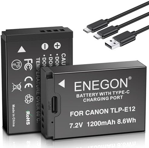 ENEGON LP-E12 USB-C Direct Charge Replacement Batteries 1200mAh (2-Pack) with 2-in-1 USB-C Charging Cable for Canon Rebel SL1, PowerShot SX70 HS, EOS M, EOS M10, EOS M50, EOS M100, EOS M200 Digital