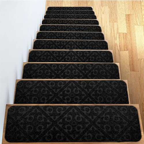 Hearda Pisadas Antideslizantes para Escalones de Madera, Alfombra Vinilica, Alfombra Escaleras Lavable Antideslizante para Proteger Mayores, Niños, Mascotas (5PCS,Negro Europeo)