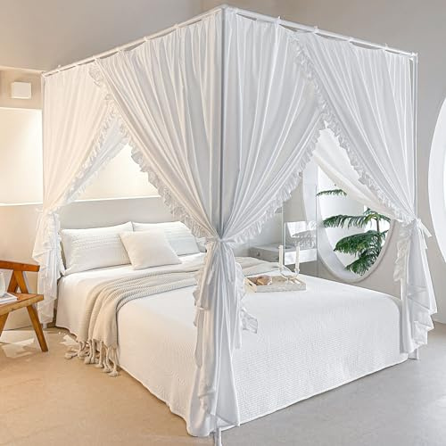 AIKASY Princess Canopy Bed Curtains with Top Ties - Windproof & Lightproof for Girls' Adult Bedroom Decor | Bed Canopy Drapes (Full,White)