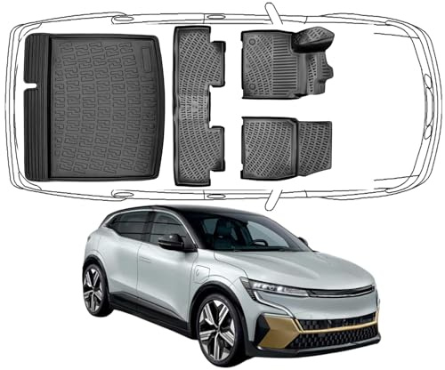 Trimak Passgenau 3D Fussmatten & Kofferraumwanne Auto Set Kompatibel mit Renault Megane E-Tech ab 2021 Auto Zubehör Gummimatten & Kofferraummatte Autos TPE Allwetter Geruchlos Schwarz