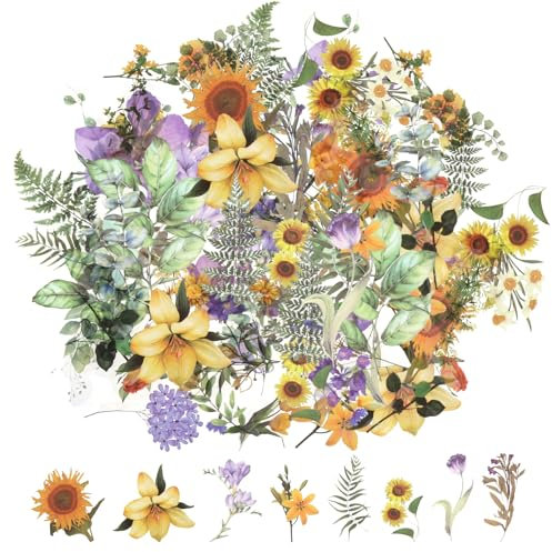 120 Transparente Scrapbooking Aufkleber, PET Blumen Aufkleber Pflanzen Sticker, Flower Stickers, Blumenaufkleber für Scrapbook Fotoalbum Sammelalbum Laptops Handwerk(Natürlich)