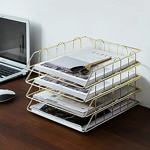 HINOPY A4 Ablage Briefablage, 4 Fächer Metall Dokumenten Ablage | Stapelbar A4 Papierablage Schreibtischablage für Büro, Schreibtisch, Briefpapier, Dokumente (Gold)