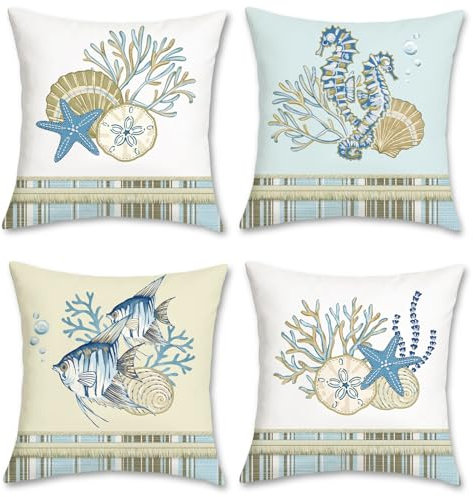 Bonhause 4er Set Kissenbezüge Küsten 45 x 45 cm Seepferdchen Ozean Strand Dekorative Kissenhülle Beige Blau Zierkissenbezüge für Sofa Schlafzimmer Zuhause Patio Dekoration