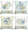Bonhause 4er Set Kissenbezüge Küsten 45 x 45 cm Seepferdchen Ozean Strand Dekorative Kissenhülle Beige Blau Zierkissenbezüge für Sofa Schlafzimmer Zuhause Patio Dekoration