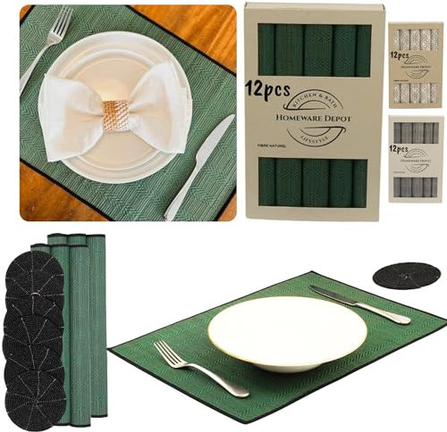 Lot de 6 Sets de Table Naturel Rectangulaire et 6 Dessous de Verres Ronds en Perles - Faits Main, Protège des Taches, Dessous d'Assiette ÉLéGants