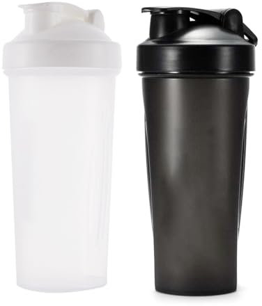 AYNKH Pack of 2 Shake Bottle for Protein Powder with Stainless Steel Mixing Ball, 600ML Shaker Leak Proof Screw On Lid Secure Drink Flip Cap, Sports Gym Supplement Bottle