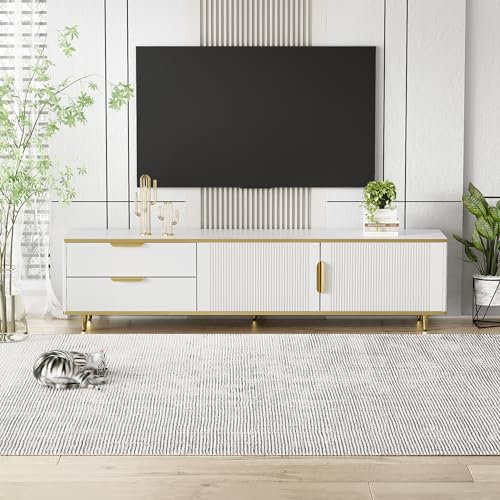 Ymkua TV Schrank, TV Lowboard, TV Möbel mit Türen und Schubladen, Fernsehtisch mit Stauraum, TV-Ständer mit Goldenen Griffen und Füßen, TV Tisch, Fernsehschrank für Wohnzimmer, 175x40x45 cm (Weiß)