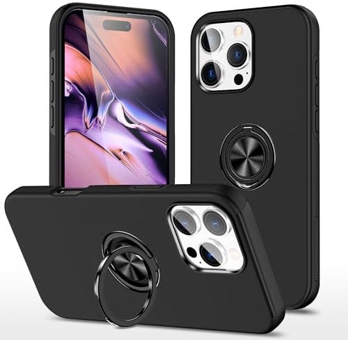 EYZUTAK Case for iPhone 16 Pro, 360 Degree Rotation Magnetic Metal Finger Ring Holder Magnet Car Holder Inner Silicone with Camera Protection Glossy Anti-drop Hard Cover - Black