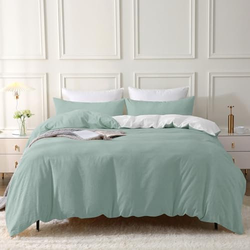 SOULFUL Housse de Couette 220x240 Coton, Vert Aqua Ensembles de Housse de Couette avec Fermeture Éclair, 100% Coton Lavé, Texture Lin, Parure de Lit 220x240 Coton avec 2 Taie d'oreiller 65x65 cm