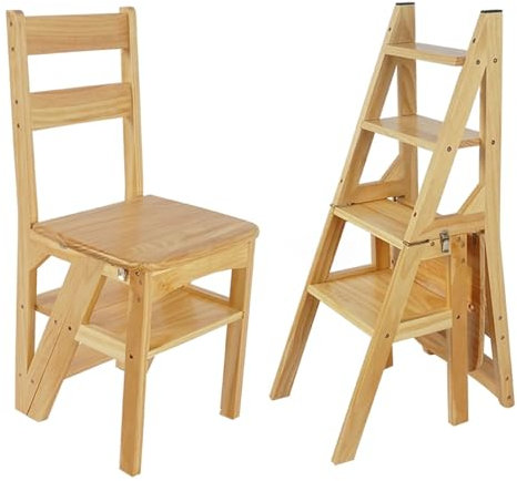 Wooden Step Ladder Chair Convertible Display Shelf Stool for Home Library Indoor Climbing Stair Chair (Color: B Size: 35 * 46 * 90cm)