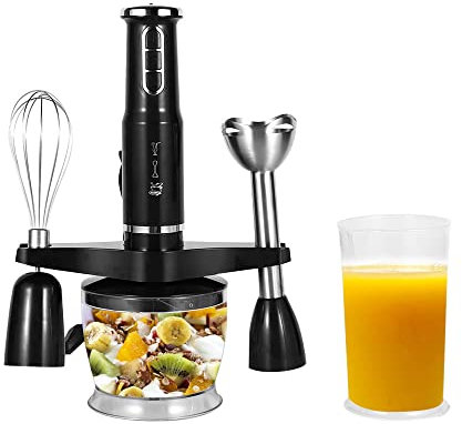 YIWEOG Appareil de cuisine électrique mixeur Mélangeur plongeant multifonctionnel 4 en 1 mélangeur à main à 3 vitesses 600 W à faible bruit avec gobelet mélangeur/bol à hacher/fouet à œufs/lame en aci