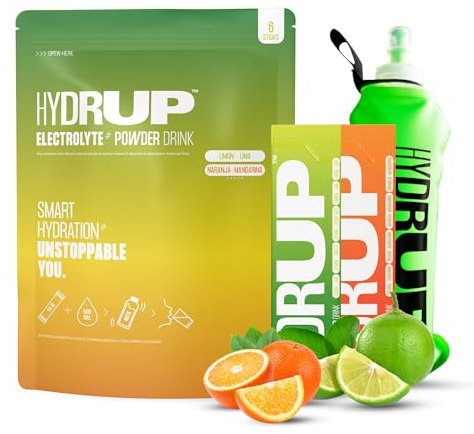 HYDRUP - Electrolitos sin Azúcar en Polvo 1733 mg + Botella Mezcladora - Hidratación y Energía - Vitaminas B y C - 3 Sobres Sabor Naranja y 3 Sabor Lima Limón de 14 Gramos- Sin Gluten ni Lactosa