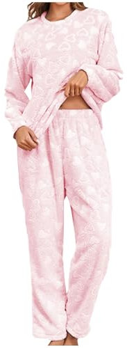Generico Pigiama Pile Donna Invernale Curvy Pigiami Invernali Caldo Cotone Leggero Moda Pigiama 2 Pezzi Sciolto Casual Morbido e Confortevole Maglia Lunga Pantaloni Pigiama Set Casa con Girocollo