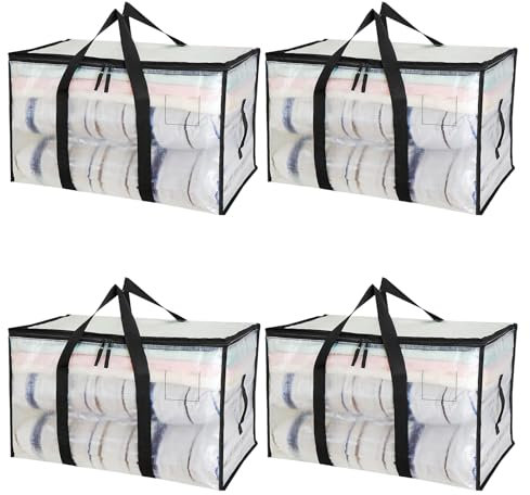 Pavlleen 4 Stück Große Aufbewahrungstasche mit Deckel,Transparente Plastik Aufbewahrungstasche,mit Reißverschlüssen Griff,wasserabweisend,für Bettdecken,Kleideraufbewahrung,Hausbedarf