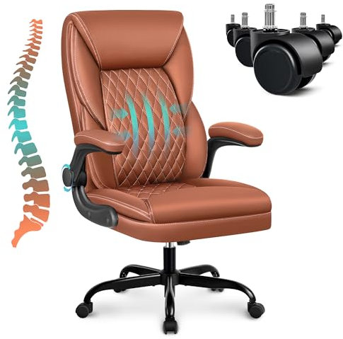 ChaCool Bürostuhl Schreibtischstuhl Ergonomisch, Chefsessel PU-Leder mit Verstellbarer Rückenlehne & Klappbare Armlehnen &Kopfstütze, Drehstuhl Höhenverstellbar mit Rollen, Max Belastung 136KG Braun