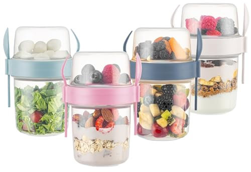 IDOBY Joghurtbecher to Go mit Löffel&Gabel 650 ML Set of 4,%100 BPA-FREI Praktischer Müslibecher to Go, Wiederverwendbarer Müsli to Go Becher zum Frühstück, Perfekt für Schule und Büro