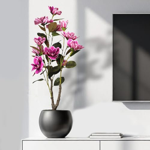 Arnusa Künstliche Magnolie im Topf 95 cm hoch 28 realistische Pinke Blüten Deko-Kunstpflanze für Wohnzimmer, Büro & Bad Pflegeleicht & langlebig täuschend echt Fertig geliefert künstliche Pflanze