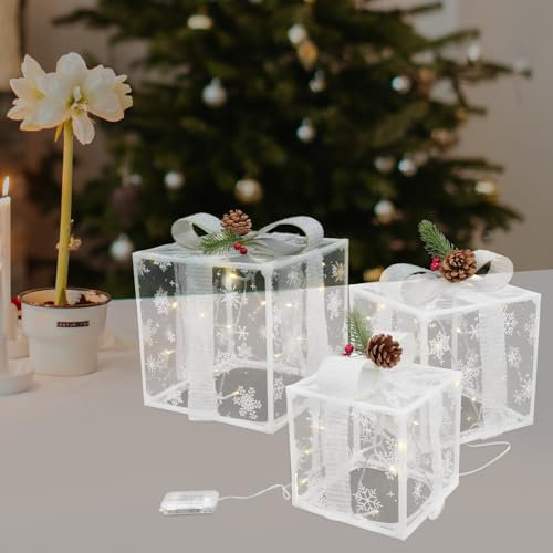 LED Geschenkbox, Beleuchtete Geschenke mit Fernbedienung, Weihnachtsdeko mit 50 LED 3 Set außen innen, Geschenkverpackung Deko für Weihnachten, Party & Feier, Batteriebetrieb