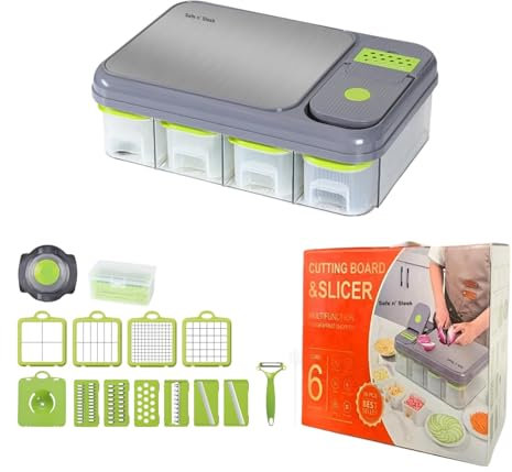 Safe n' Sleek Cortador de mandolina de cocina, rallador, picador, pelador, picador de verduras 28 en 1 con sistema de cajón de almacenamiento de alimentos y parte superior de acero inoxidable