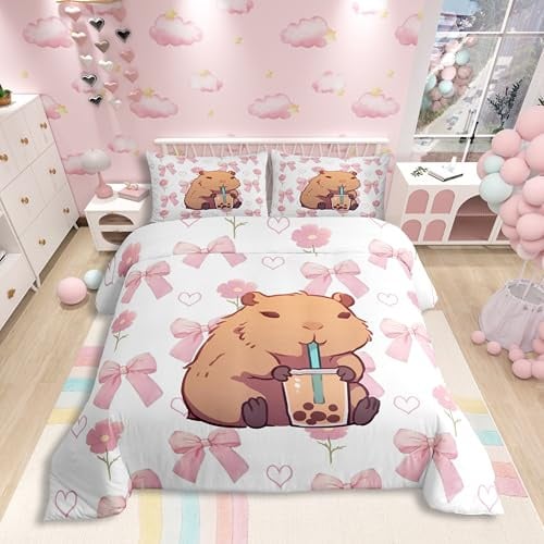 Homewish Rosa Bowknot Mädchen Bettbezug Set 135x200 Süße Schleife Cartoon Capybara Bettwäsche für Kinder Teenager,Kawaii Schleifen Blumen Bettwäscheset Kawaii Herzmuster Bettset Zimmerdeko Mikrofaser