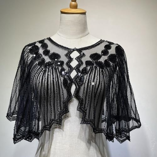 Pailletten Perlen Schal Cape mit Vintage 1920er Flapper Retro Deco Design geeignet für Abend und Partys (schwarz)