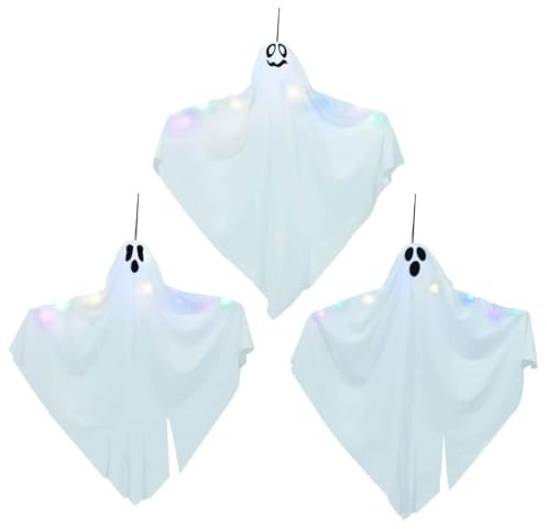 vidaXL Hängender Halloween Geist mit 3 LEDs 3 pcs Weiß 52 x 62 cm, Wohnzimmer, Halloween Deko, interaktive Geister Requisite, Festliche Präsentation, Party Artikel