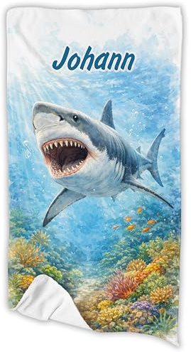 Badetuch, Kinder Handtuch mit Name personalisiert (Hai, 50 x 100 cm) | Geschenkidee Einschulung, Geburtstag für Schwimmunterricht Strandtuch individuell bedruckt Kindergeburtstag, Jungen & Mädchen