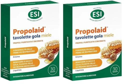 ESI - Propolaid Tavolette Masticabili, Caramelle Gola Gusto Miele con Propolis, Allevia le Infiammazioni del Cavo Orale, Contrasta Sintomi da Raffreddamento, Senza Glutine e Vegetariane, 30 Tavolette
