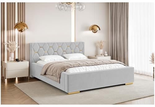MEBLINI Versal Polsterbett 180x200 mit Stauraum - Lattenrost und Bettkasten - Kopfteil Bett mit Stauraum - Doppelbett - Stauraumbett - Betten - 180x200 - Hellgrau Samt/H3 Matratze