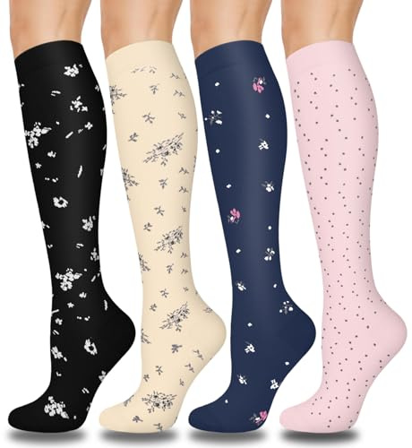 ACTINPUT Kompressionsstrümpfe Damen und Herren 4 Paar, Bunte Stützstrümpfe Kompressionssocken Thrombosestrümpfe Medizinische Kniestrümpfe Klasse 2,Blumen Motiv Lustige Bunte Socken (4113 - Beige,S-M)
