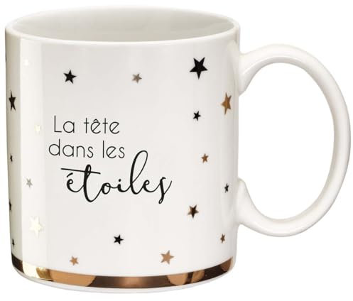 DRAEGER PARIS - Mug en Porcelaine Fine - Black & Gold - La Tête Dans Les Etoiles - Ami, Collègue, Famille, Anniversaire - Humour, Fun, Amitié, Amour - 350 ml - Avec Boîte Cadeau