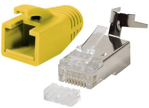 odedo 10x RJ45 Crimp Stecker CAT7, CAT6A, CAT8.1 Netzwerkstecker auch für Verlegekabel 10GBit AWG 22-24 PoE LAN Crimpstecker Metall mit Einfädelhilfe und Knickschutz Gelb