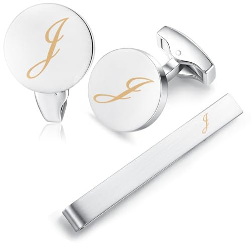HONEY BEAR manschettenknöpfe & krawattennadel Krawattenklammer Set Initialen Buchstabe Herren Hochzeit Cufflinks Manschettenknopf Silber, 5.4cm (J)